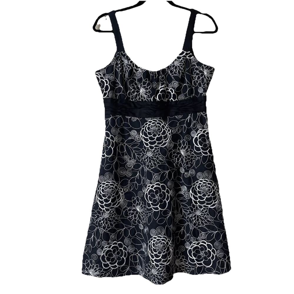 Evan Picone Womens 10P Black White Embroidered Floral Dress Babydoll Y2K Party